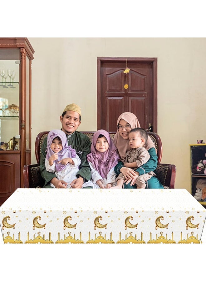 Ramadan Plastic Disposable TableCloth,White and Gold Mosque Moon Star Lamp Tablecloths for Ramadan Party Supplies 54×108Inches - Image 5